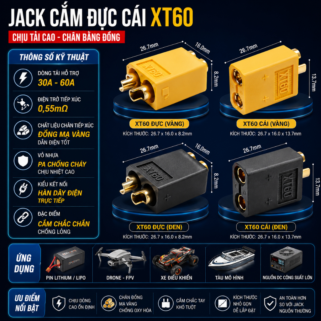 Jack Nguồn Đực - Cái XT60 Chịu Nhiệt Độ Cao Mạ Vàng Chất Lượng Cao ILinhkien