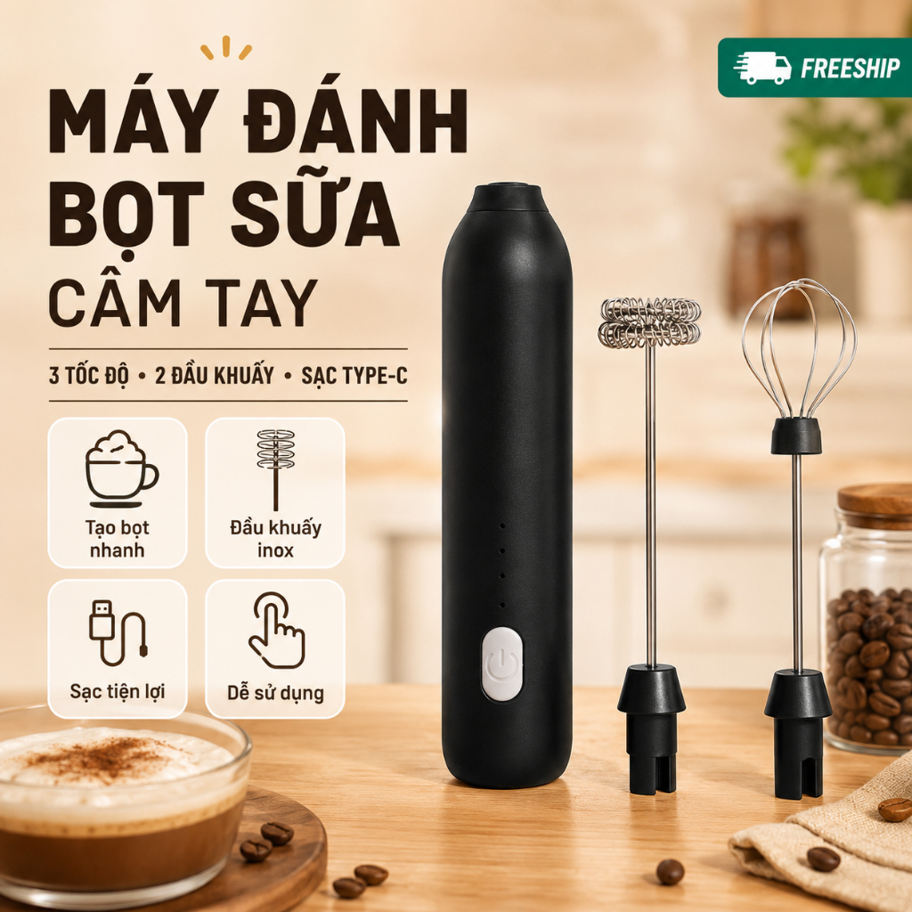 Máy Đánh Bọt Sữa Cầm Tay Sạc Type-C｜3 Tốc Độ｜2 Đầu Khuấy｜Pha Cà Phê, Trà Sữa, Đánh Trứng