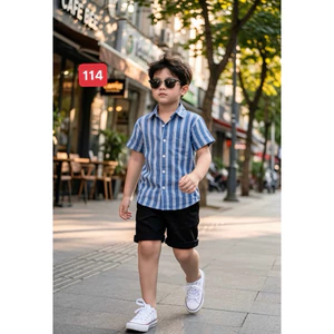 set sơmi sọc xanh cao cấp cho bé trai 10kg-52kg