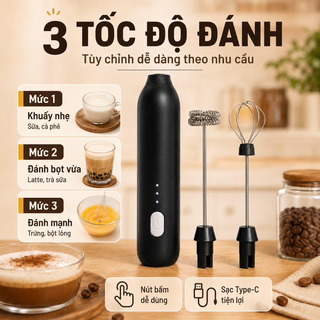 Máy Đánh Bọt Sữa Cầm Tay Sạc Type-C｜3 Tốc Độ｜2 Đầu Khuấy｜Pha Cà Phê, Trà Sữa, Đánh Trứng