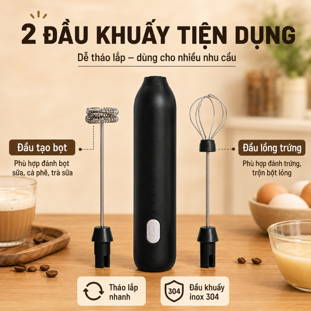 Máy Đánh Bọt Sữa Cầm Tay Sạc Type-C｜3 Tốc Độ｜2 Đầu Khuấy｜Pha Cà Phê, Trà Sữa, Đánh Trứng