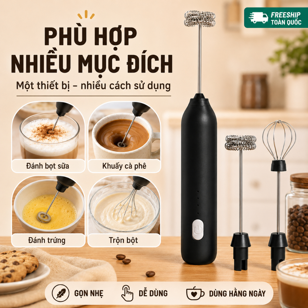 Máy Đánh Bọt Sữa Cầm Tay Sạc Type-C｜3 Tốc Độ｜2 Đầu Khuấy｜Pha Cà Phê, Trà Sữa, Đánh Trứng