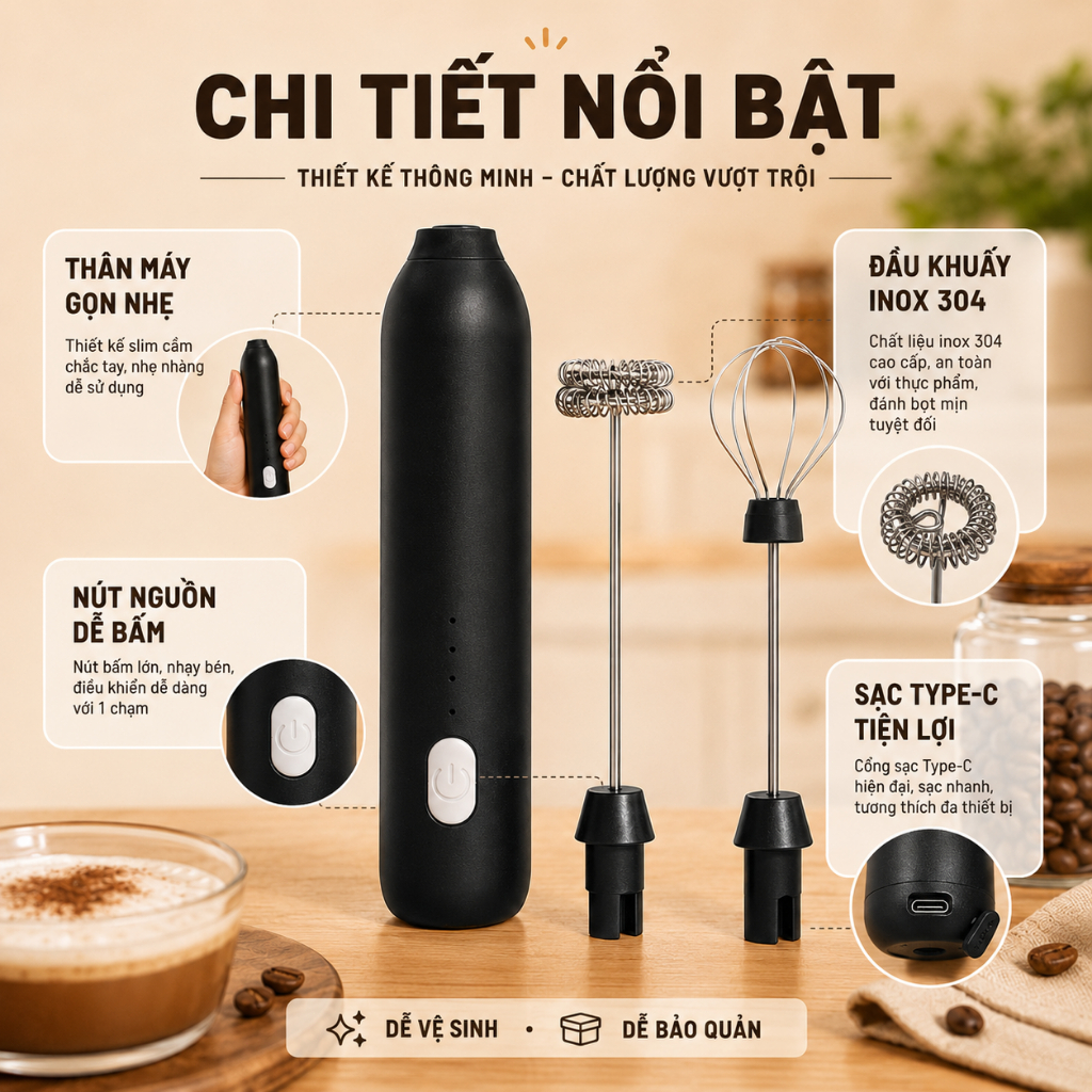 Máy Đánh Bọt Sữa Cầm Tay Sạc Type-C｜3 Tốc Độ｜2 Đầu Khuấy｜Pha Cà Phê, Trà Sữa, Đánh Trứng