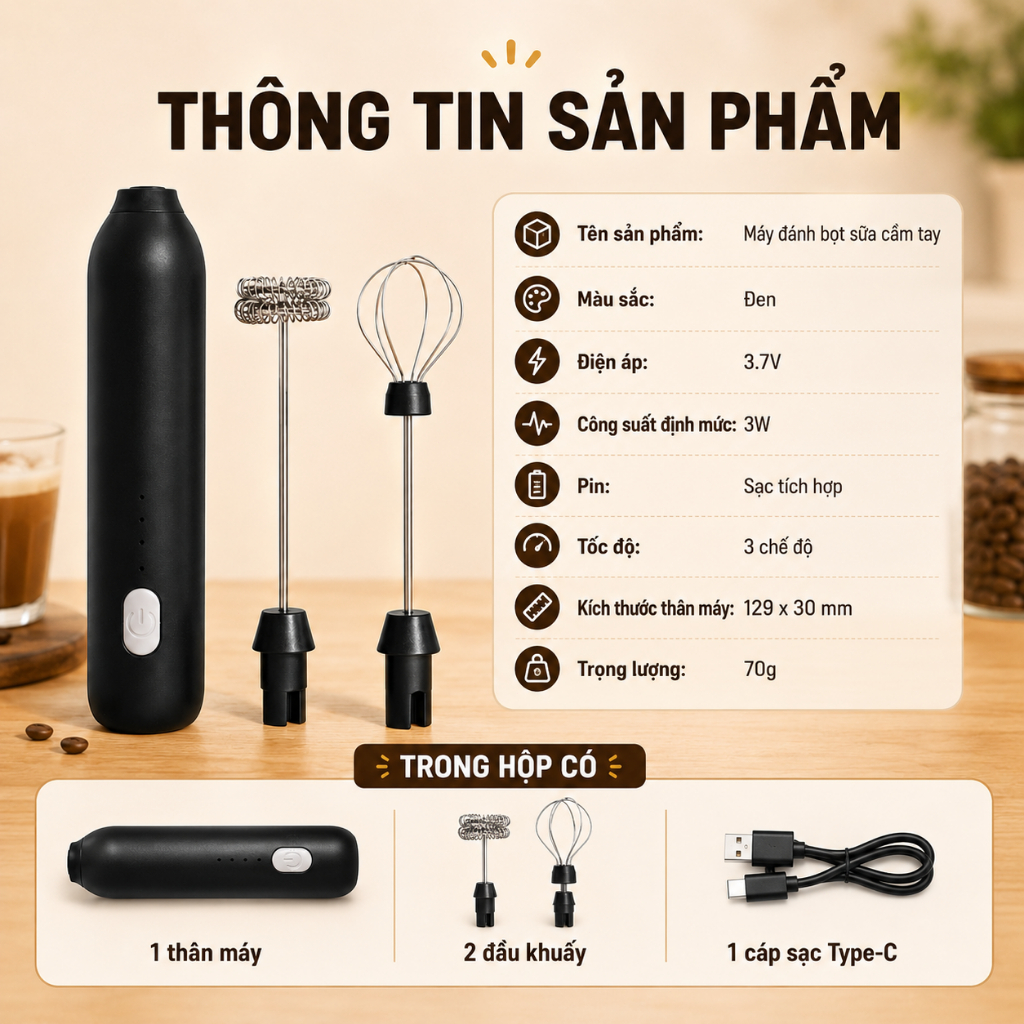 Máy Đánh Bọt Sữa Cầm Tay Sạc Type-C｜3 Tốc Độ｜2 Đầu Khuấy｜Pha Cà Phê, Trà Sữa, Đánh Trứng