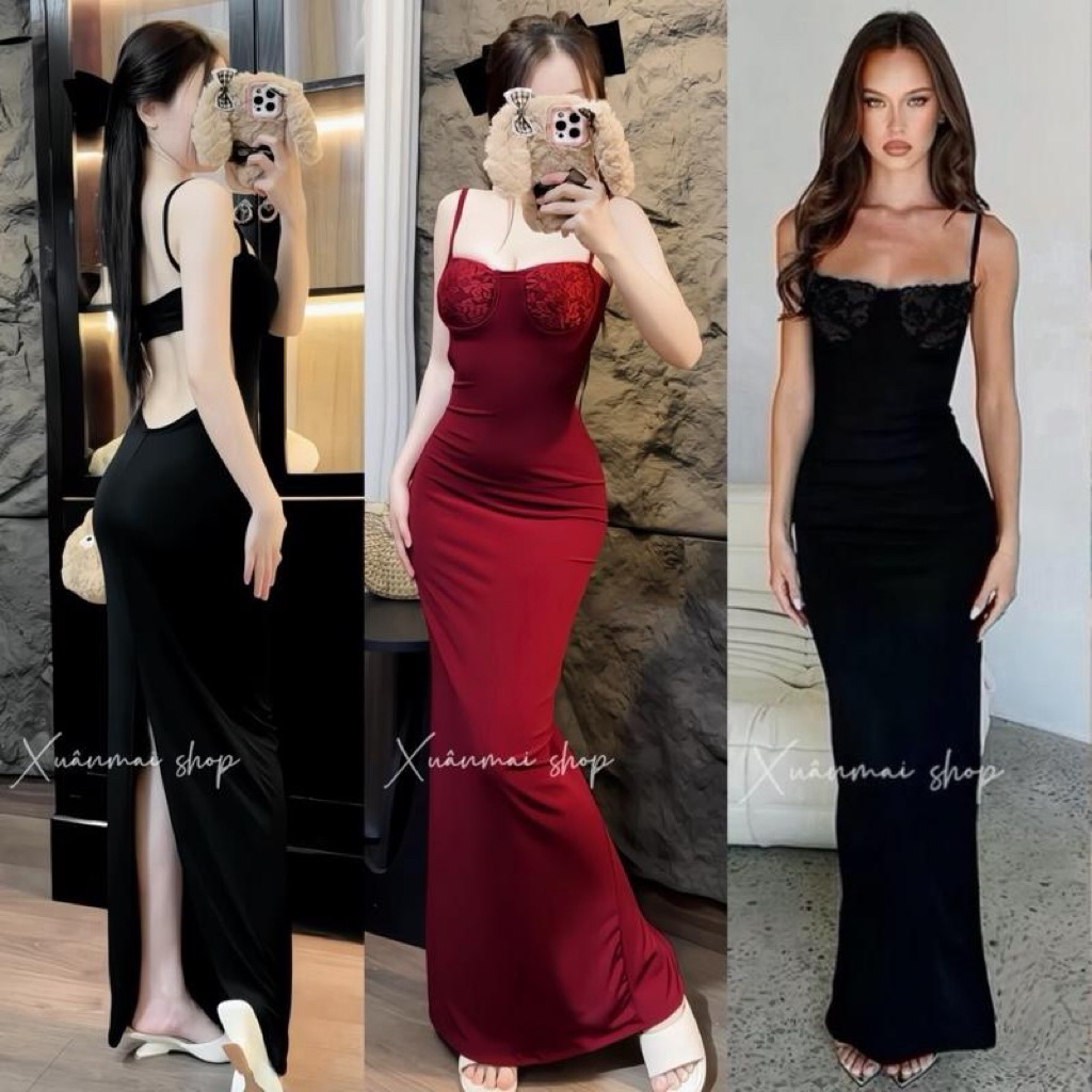 Xuanmaishop Đầm DÂY CUP DÀI phối ren dây sau xẻ tà sẵn mút