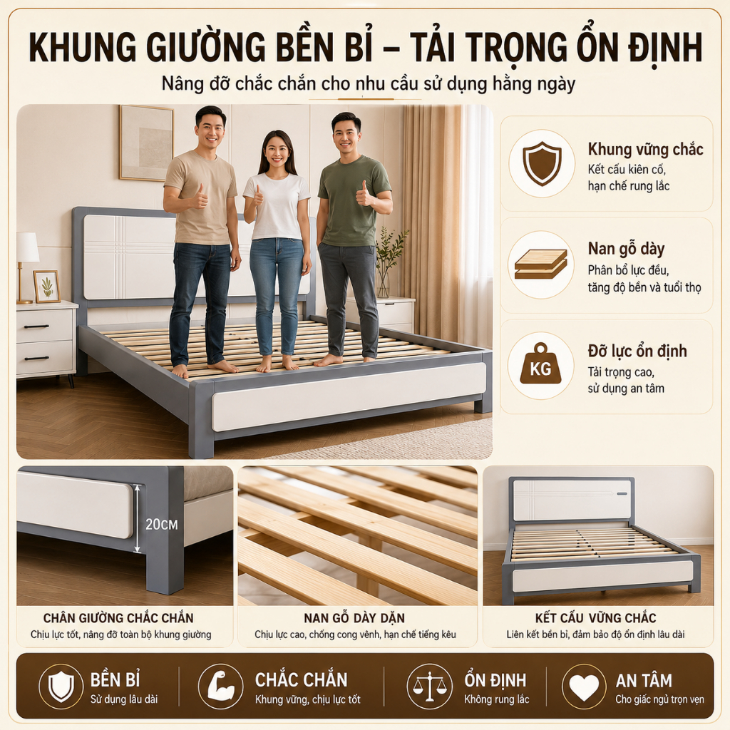 IRONPO Giường Ngủ Khung Gỗ Thông Chân Cao Gầm Thoáng Dễ Vệ Sinh Size 1m2 – 1m8x2m