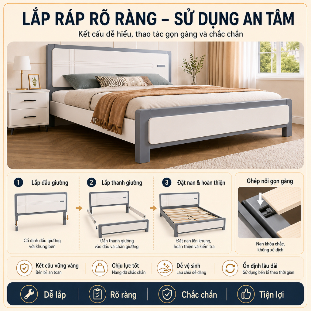 IRONPO Giường Ngủ Khung Gỗ Thông Chân Cao Gầm Thoáng Dễ Vệ Sinh Size 1m2 – 1m8x2m