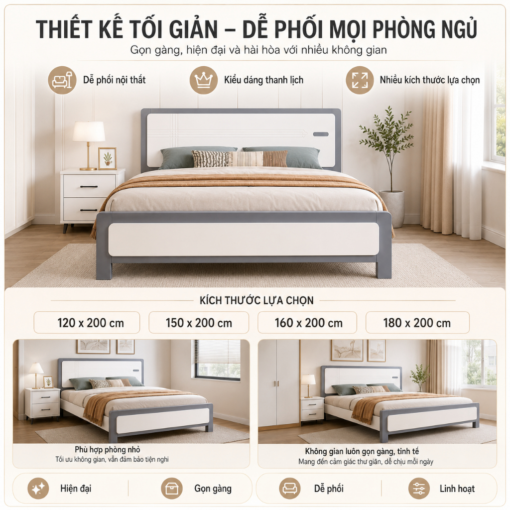 IRONPO Giường Ngủ Khung Gỗ Thông Chân Cao Gầm Thoáng Dễ Vệ Sinh Size 1m2 – 1m8x2m