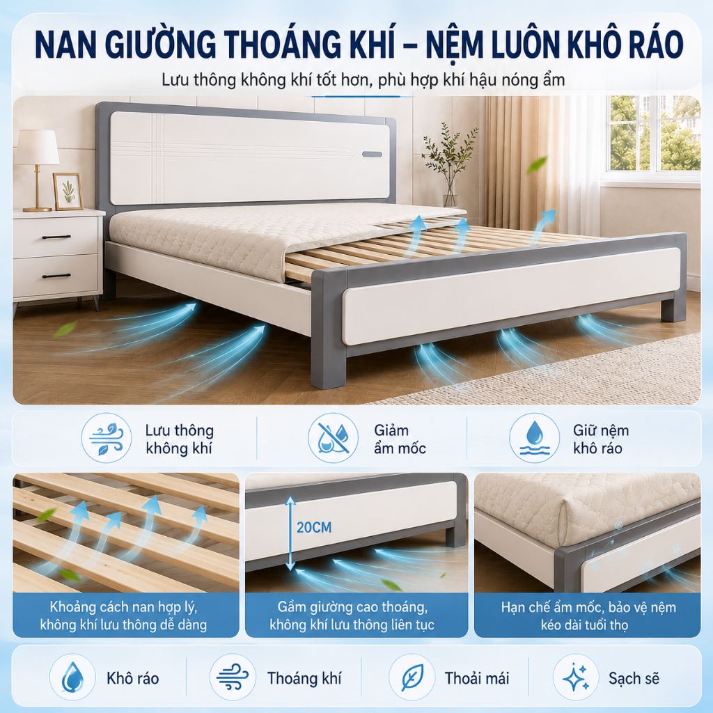 IRONPO Giường Ngủ Khung Gỗ Thông Chân Cao Gầm Thoáng Dễ Vệ Sinh Size 1m2 – 1m8x2m