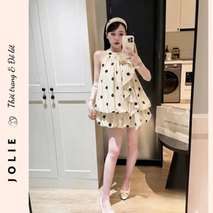 Sét Bộ Áo Cổ Yếm Hoa Cài Phối Váy Dáng Bí Chấm Bi Cao Cấp Jolie