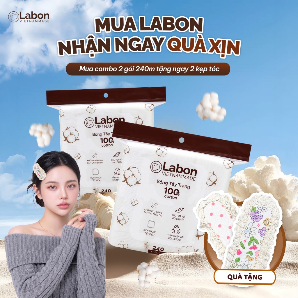 [TẶNG CẶP MIẾNG DÁN TÓC MÁI VIỀN REN] Combo 480 miếng bông tẩy trang Labon chất Cotton mềm mịn không xơ bông - 240 miế
