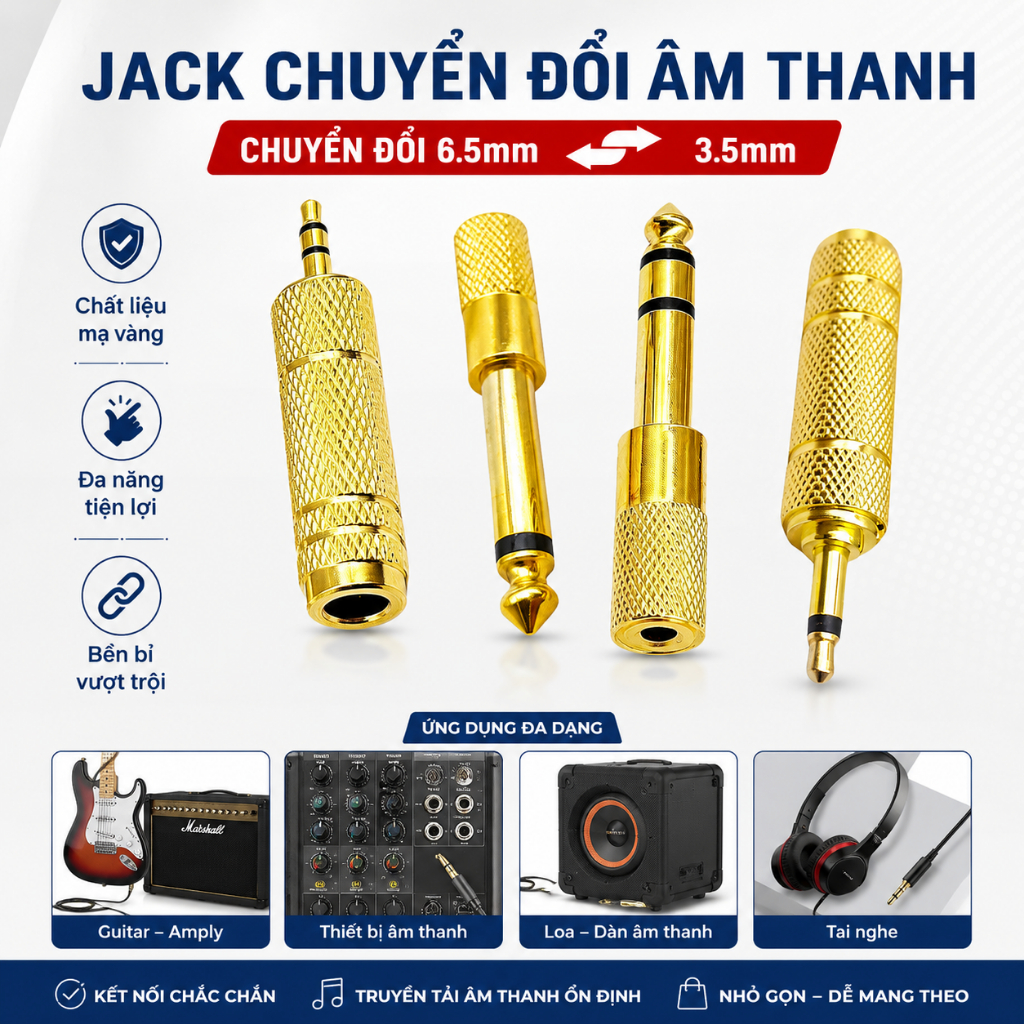 Jack Chuyển Đổi Âm Thanh 6.5mm Sang 3.5mm/3.5mm sang 6.5mm Mạ Vàng Chống Nhiễu, Đầu Chuyển Tai Nghe, Loa ILinhkien