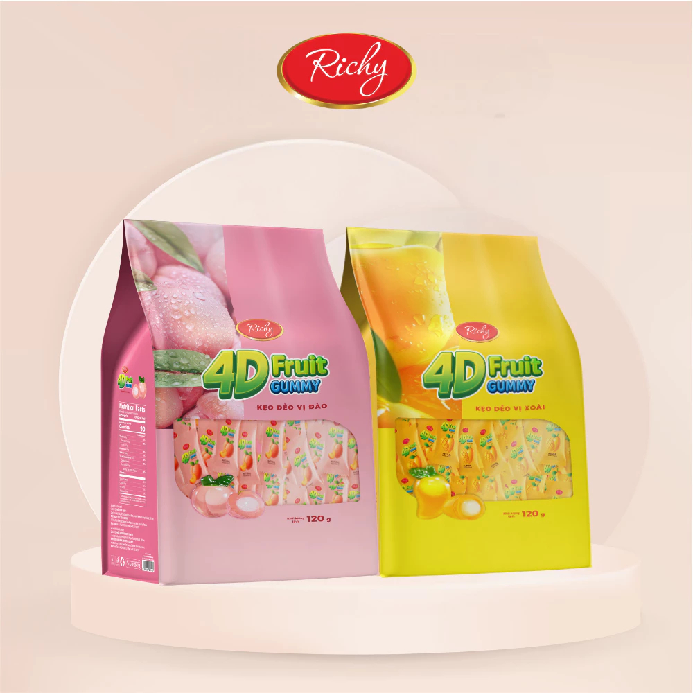 [MUA 1 TẶNG 1]Kẹo Dẻo Richy 4D Fruit Gummies 246g Sốt Trái Cây Tươi Vị Đào/ Xoài Ngọt Ngào Date t11/2026