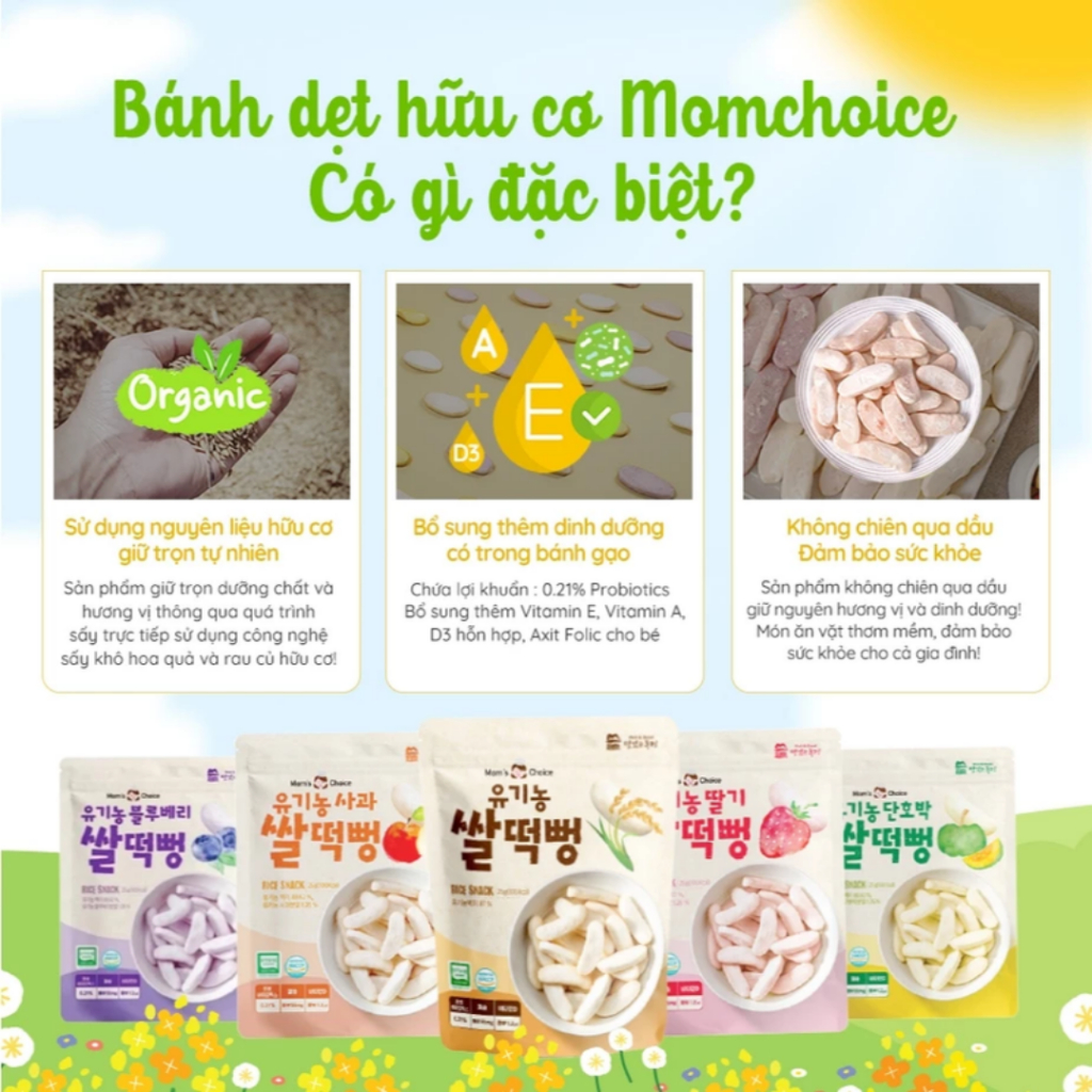 CHÍNH HÃNG - Bánh Gạo Hữu Cơ Thanh Dẹt Mom's Choice Cho Bé Từ 6 Tháng, Bánh Gạo Ăn Dặm Mom's Choice Dạng Thanh Dẹt