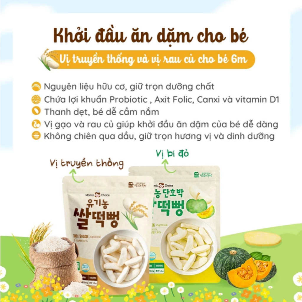 CHÍNH HÃNG - Bánh Gạo Hữu Cơ Thanh Dẹt Mom's Choice Cho Bé Từ 6 Tháng, Bánh Gạo Ăn Dặm Mom's Choice Dạng Thanh Dẹt