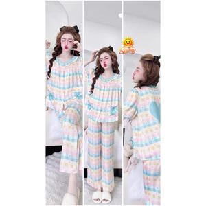40/60kg-Tay ngắn quần dài cổ sen tiểu thư viền lai bèo,lụa latin mềm nhẹ mát