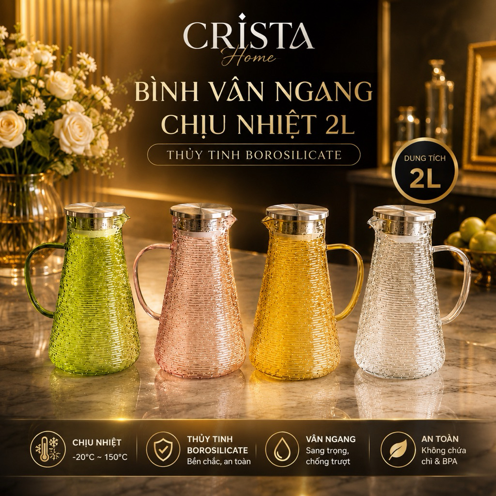 Bình Thủy Tinh Chịu Nhiệt 2L Crista Home Vân Ngang Có Nắp Inox 304 | Bình Pha Trà Detox Nóng Lạnh 60279
