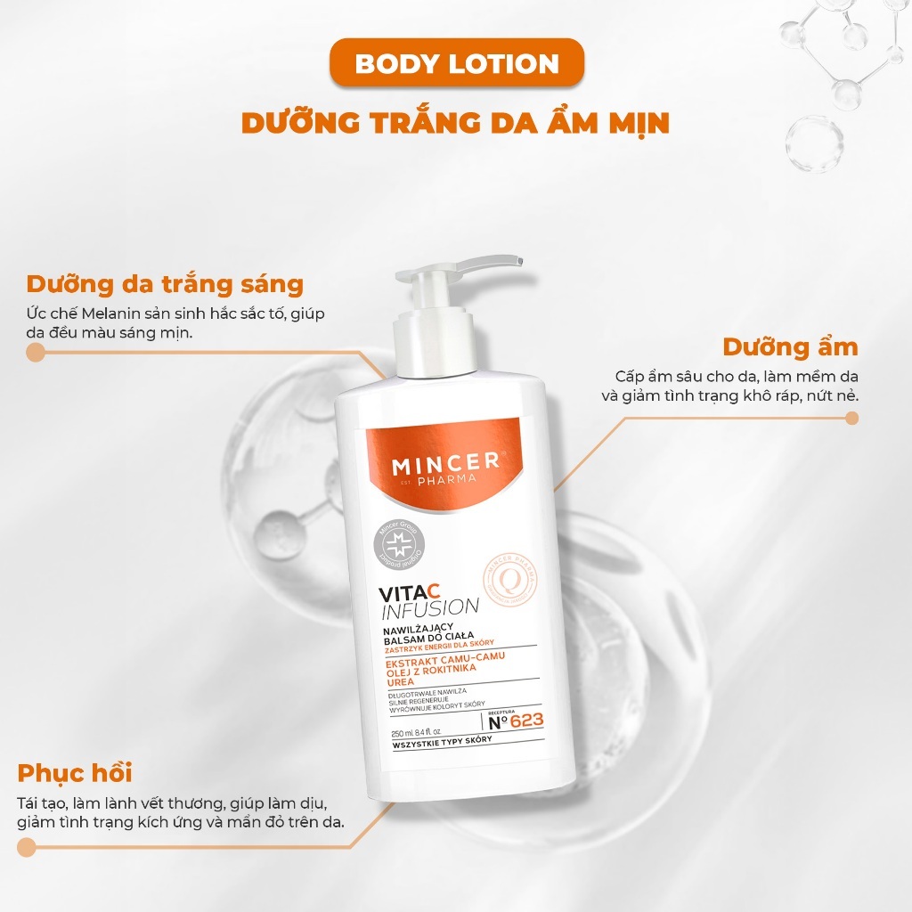 LIVE- Kem Dưỡng Thể Trắng Da, Nhả Nắng Da Cháy Nắng MINCER EST. PHARMA 1989 Vita C Infusion Body Lotion 250ml