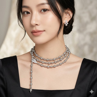 [N1182] Vòng Cổ, Dây Chuyền Ngọc Nhân Tạo Móc Cài Chiếc Lá, Màu Bạc, Mix Hạt To Nhỏ, Sang Trọng Cho Nữ - DAISYN