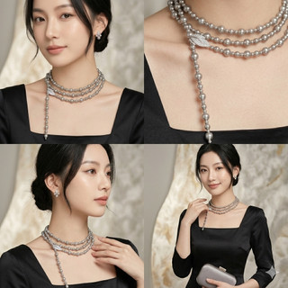 [N1182] Vòng Cổ, Dây Chuyền Ngọc Nhân Tạo Móc Cài Chiếc Lá, Màu Bạc, Mix Hạt To Nhỏ, Sang Trọng Cho Nữ - DAISYN