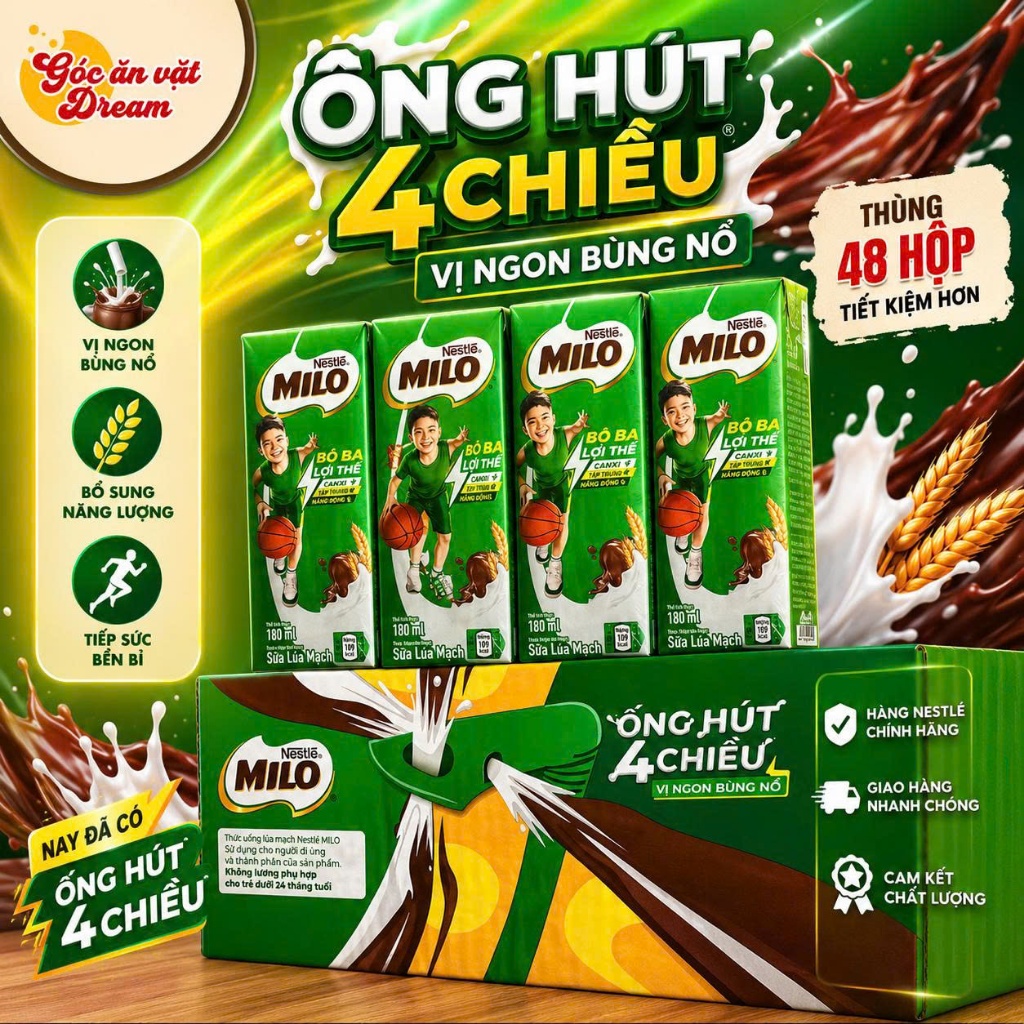 [CHÍNH HÃNG] Thùng 48 Hộp / Lốc 4 Hộp Sữa Lúa Mạch NESTLÉ MILO 180/110ml Dinh Dưỡng Cho Bé Năng Động, Ống Hút 4 Chiều