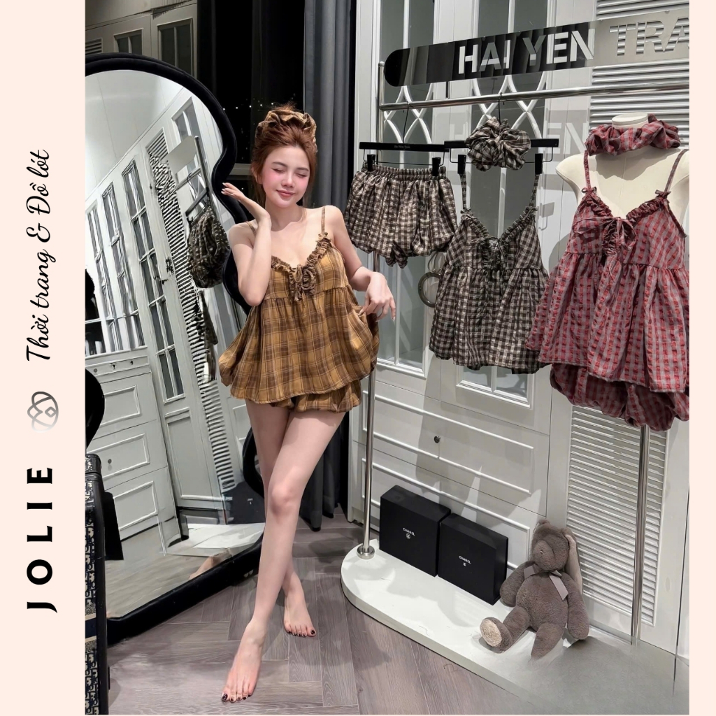 Váy Babydoll Kẻ Caro Phối Nơ Ngực Dáng Xòe Bí Bồng Bềnh Cao Cấp Jolie