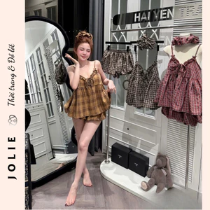 Váy Babydoll Kẻ Caro Phối Nơ Ngực Dáng Xòe Bí Bồng Bềnh Cao Cấp Jolie