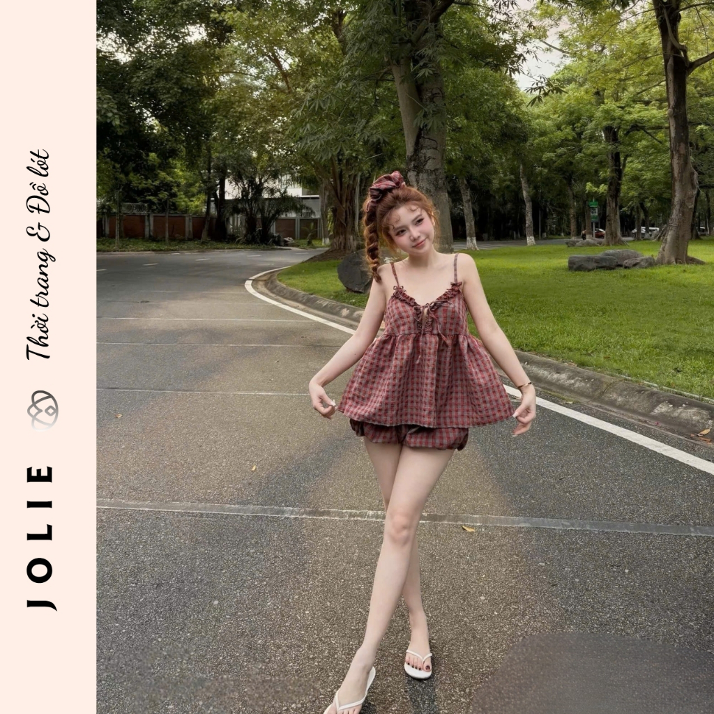 Váy Babydoll Kẻ Caro Phối Nơ Ngực Dáng Xòe Bí Bồng Bềnh Cao Cấp Jolie