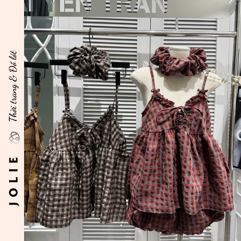 Váy Babydoll Kẻ Caro Phối Nơ Ngực Dáng Xòe Bí Bồng Bềnh Cao Cấp Jolie