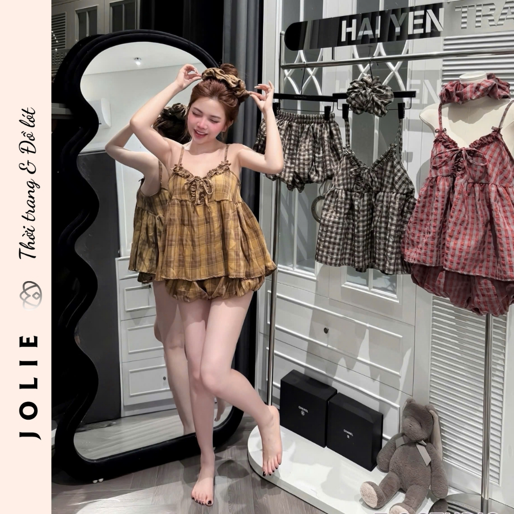 Váy Babydoll Kẻ Caro Phối Nơ Ngực Dáng Xòe Bí Bồng Bềnh Cao Cấp Jolie