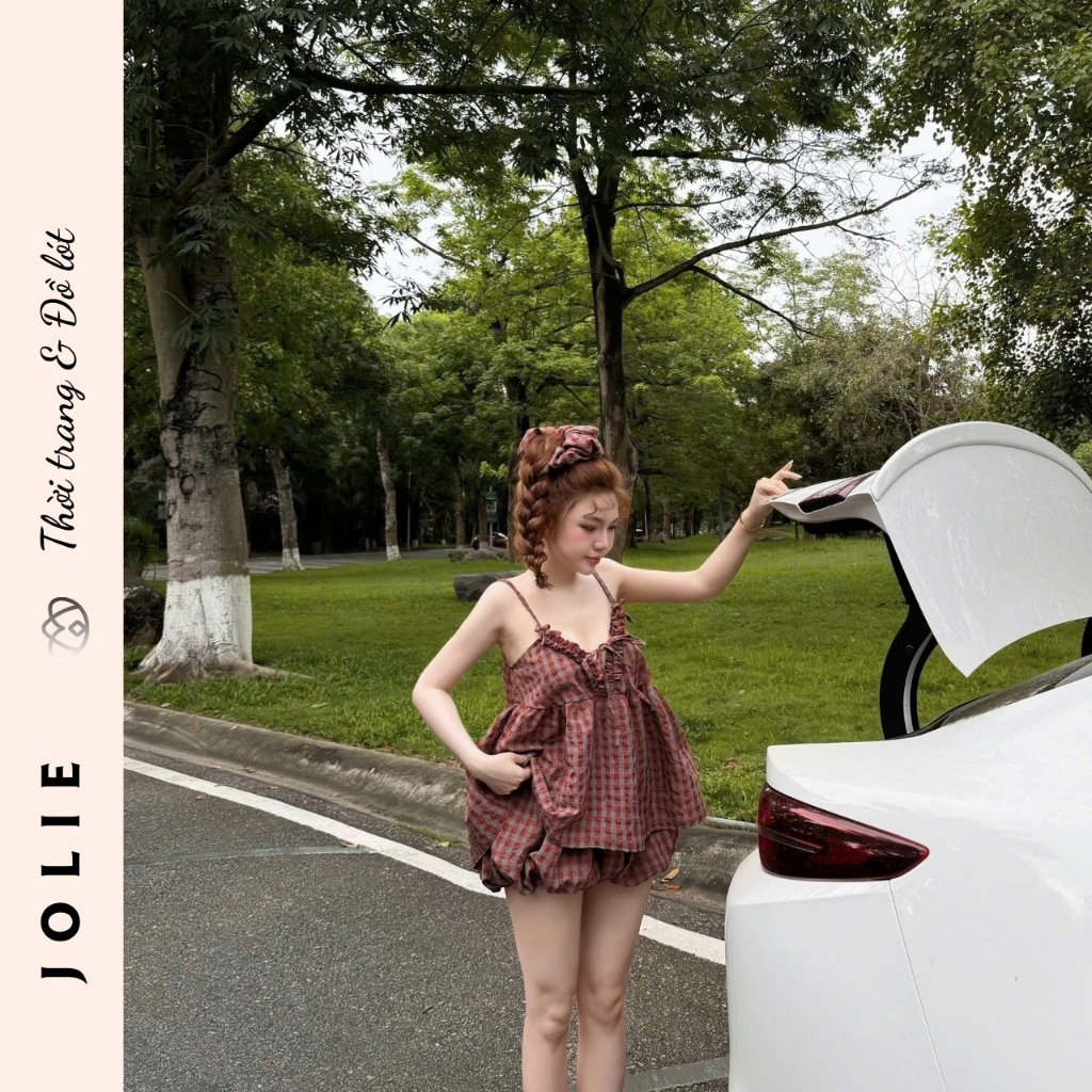 Váy Babydoll Kẻ Caro Phối Nơ Ngực Dáng Xòe Bí Bồng Bềnh Cao Cấp Jolie