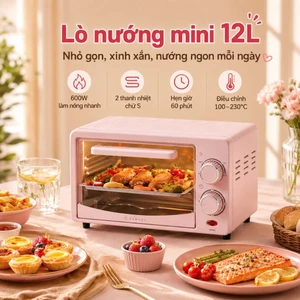 Lò nướng điện mini 12L XABAZY Lò nướng đối lưu 360 độ công suất 600W hẹn giờ tiện lợi Lò nướng bánh