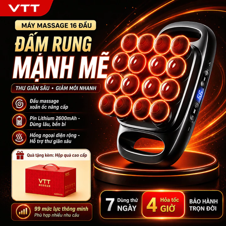 Máy Massage Cổ Vai Gáy VTT Premium 16 Đầu - Động Cơ Đấm Sâu Kết Hợp Công Nghệ Ánh Sáng Đỏ Giảm Đau Nhức Căng Cơ S11-16L