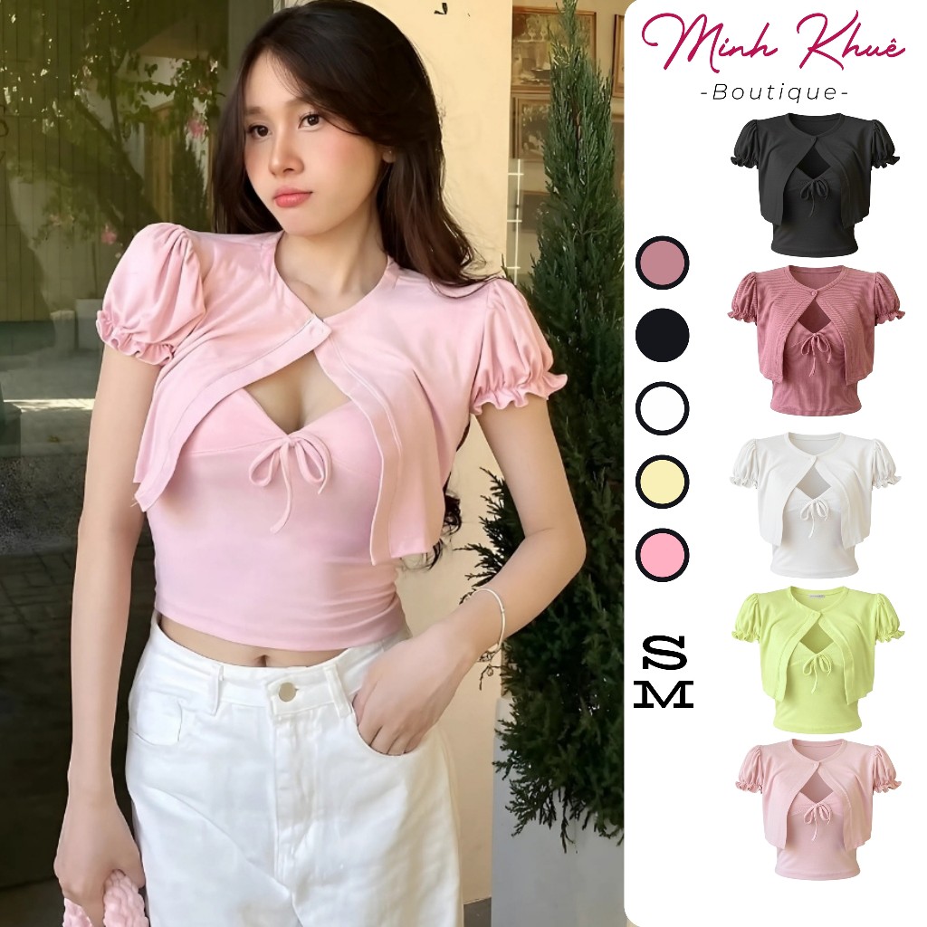 Set Cardigan Croptop Tay Phồng Bo Nhún Phối Hai Dây Chất Thun Gân Kiểu Dáng Ôm Body SET02 Minh Khuê Boutique