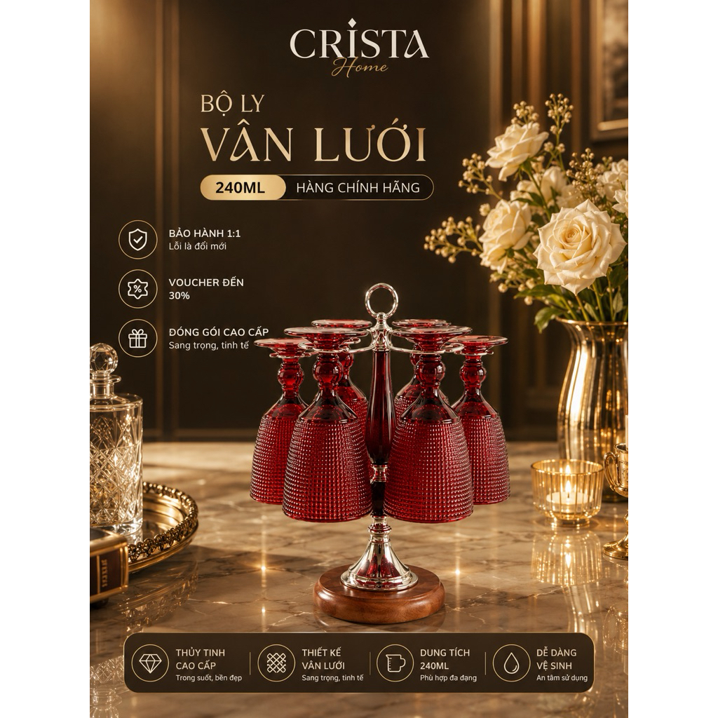 Bộ 6 Ly Thủy Tinh Vân Lưới Crista Home 240ML mã 60200 – Bán Sỉ SLL