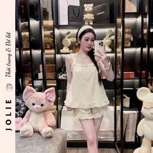 Sét Bộ Đồ Ngủ Hai Dây Chun Bèo Dáng Babydoll Chấm Bi Nhí Cao Cấp Jolie