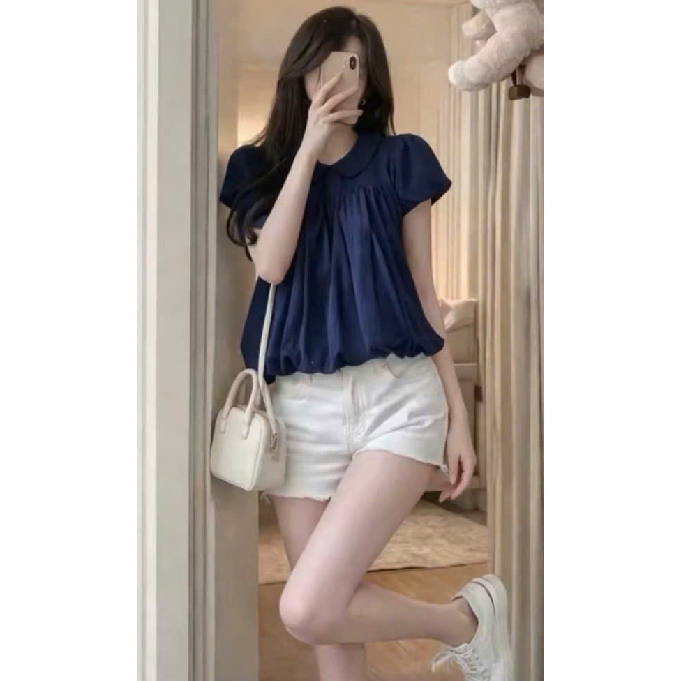 [CHE KHUYẾT ĐIỂM TAY/EO] Áo Cổ Sen Nữ Tay Ngắn Thanh Lịch, Áo Babydoll Cổ Bèo Vintage Dễ Phối Đồ, Chất Liệu Mềm Mát