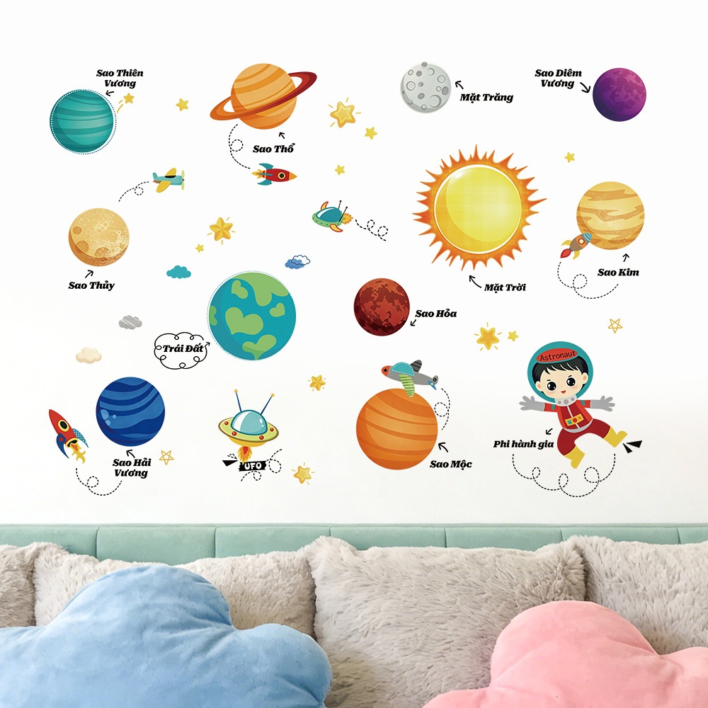 Decal Dán Tường Phi Hành Gia Vũ Trụ Và Các Hành Tinh Có Keo Sẵn 115x84cm - Trang Trí Phòng Cho Bé