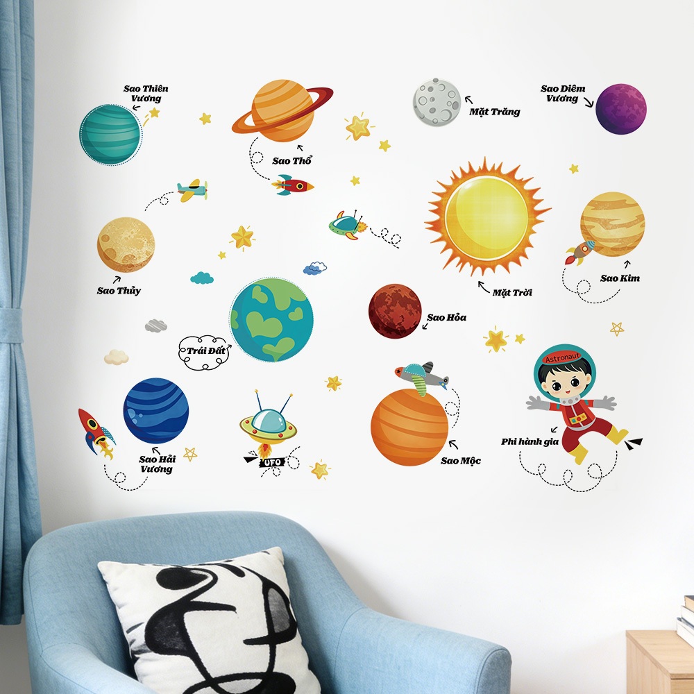 Decal Dán Tường Phi Hành Gia Vũ Trụ Và Các Hành Tinh Có Keo Sẵn 115x84cm - Trang Trí Phòng Cho Bé
