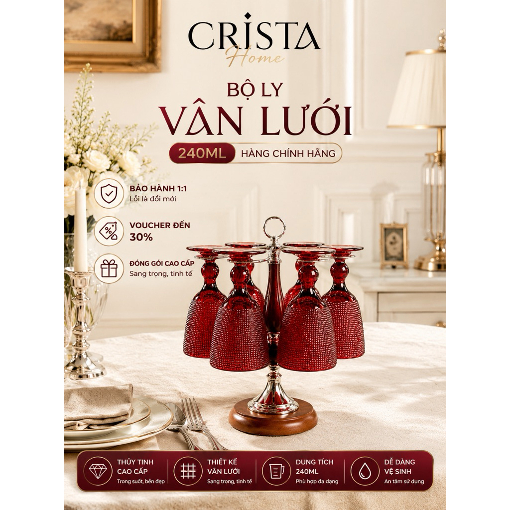 Bộ 6 Ly Thuỷ Tinh Vân Lưới Crista Home – Cao Cấp – 5 Màu Sang Trọng