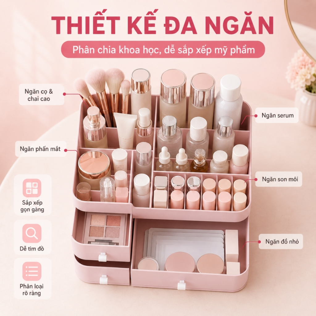 Kệ Đựng Mỹ Phẩm Để Bàn, Hộp Đựng Đồ Trang Điểm Đa Năng Thiết Kế Nhiều Ngăn Sắp Xếp Son Phấn Skincare Gọn Gàng