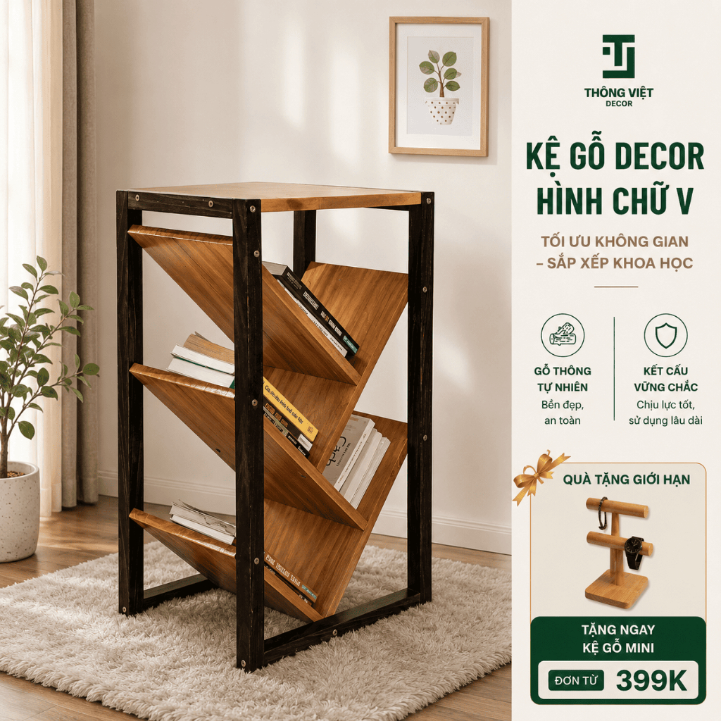 [TV-D018]Kệ Sách Xương Cá 3 Tầng, Kệ Gỗ Thông Tự Nhiên, Khoan Sẵn Lỗ, Đủ Vít, Lắp Dễ Dàng