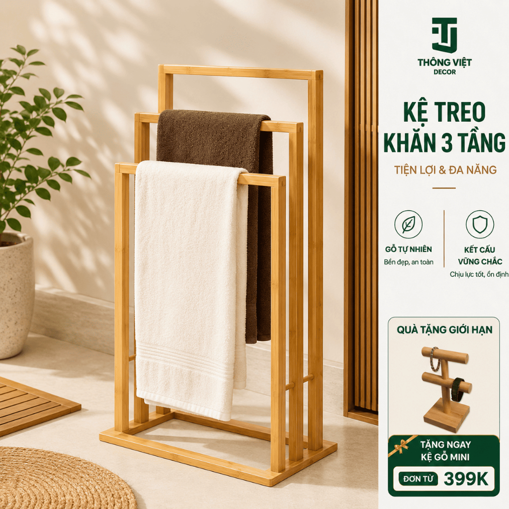 [TV-K009]Kệ treo khăn 3 tầng gỗ thông tự nhiên Thông Việt Decor Sang trọng – Tiết kiệm diện tích