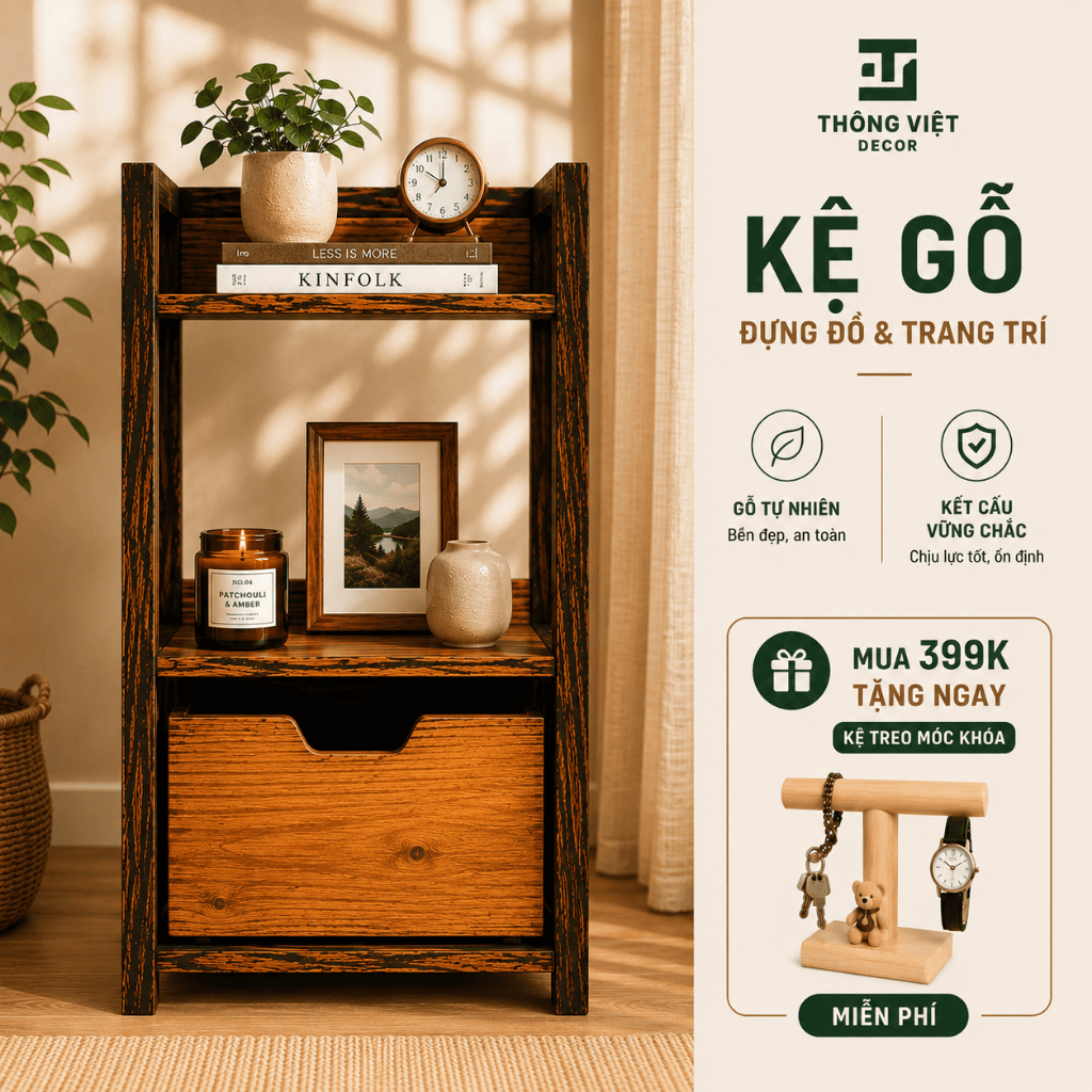 Kệ Để Đồ Đa Năng, Kệ Decor Gỗ Thông Tự Nhiên Đẹp Có Ngăn Kéo Chắc Chắn Chịu Lực Tốt TV-D005