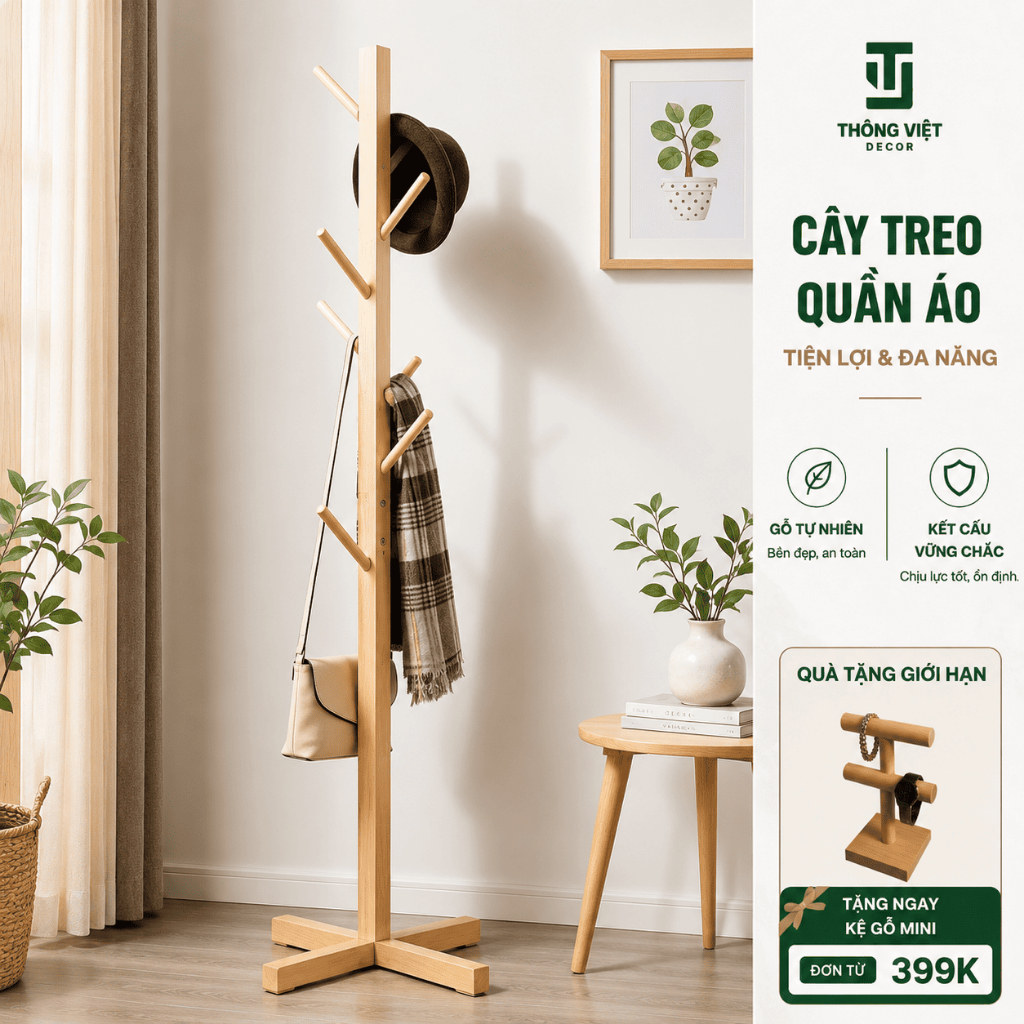 [TV-K011]Cây Treo Quần Áo, Giá Treo Đồ Túi Sách Đứng Chắc Chắn Chất lượng Cao Gỗ Tự Nhiên 7 Nhánh