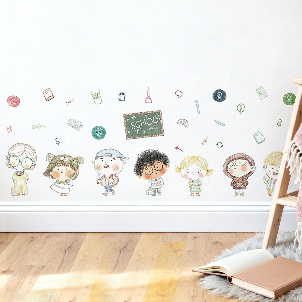 Decal Dán Tường Bé Đến Trường Có Keo Sẵn 172x63cm - Trang Trí Lớp Học, Góc Học Tập Của Bé