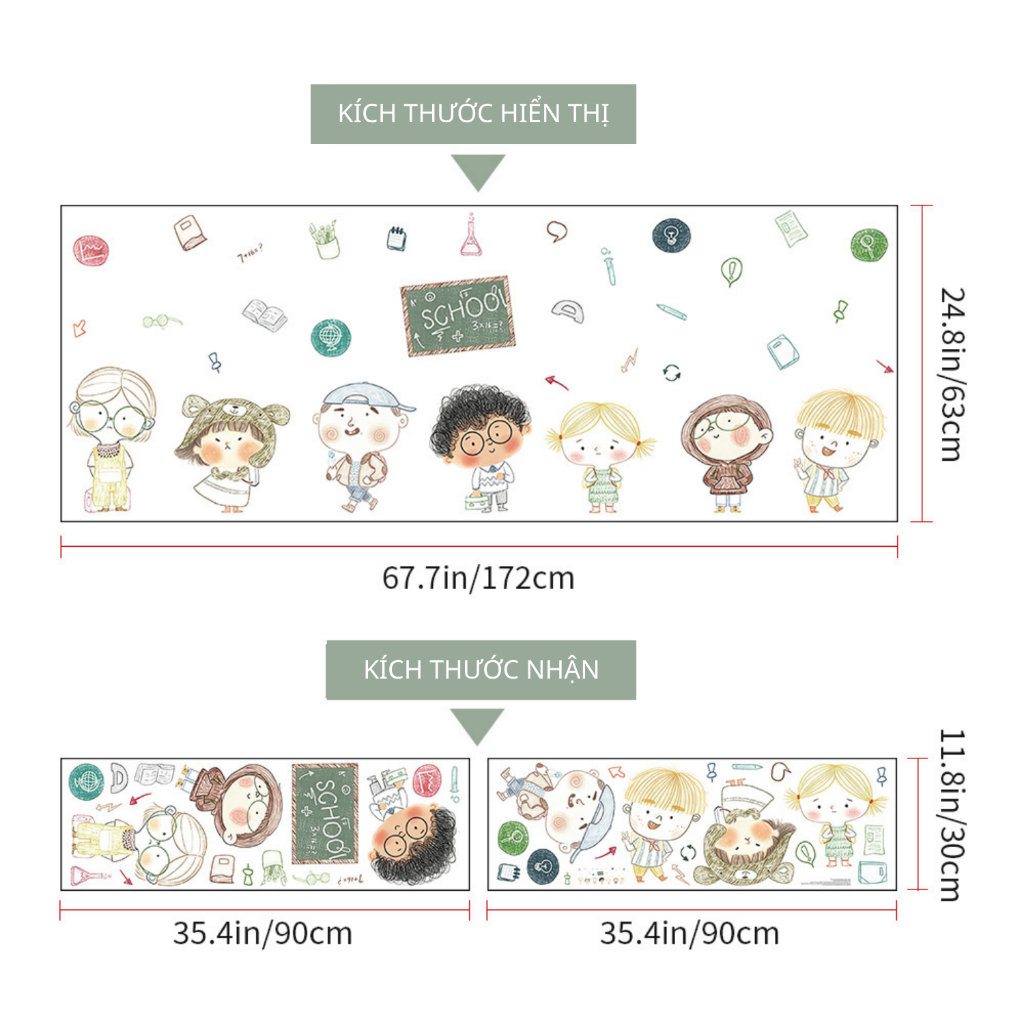 Decal Dán Tường Bé Đến Trường Có Keo Sẵn 172x63cm - Trang Trí Lớp Học, Góc Học Tập Của Bé