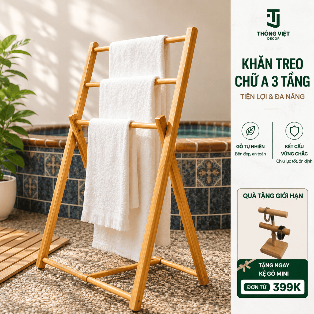 [TV-K008] Giá treo khăn chữ a 3 tầng Thông Việt Decor gỗ thông tự nhiên, thiết kế đơn giản thanh lịch