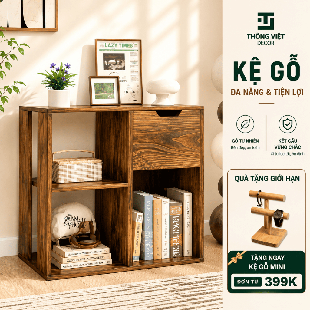 Kệ Sách Gỗ Để Sàn Nhà, Kệ Decor Gỗ Đựng Đồ Đa Năng Dễ Dàng Lắp Đặt Chất Liệu Gỗ Thông Cao Cấp TV-D002