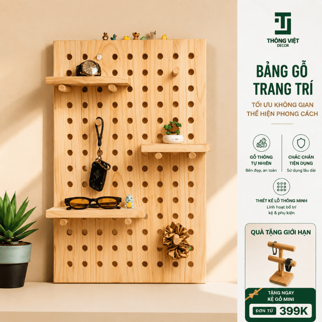 [TV-D010]Bảng Gỗ Trang Trí Để Ảnh, Giá Gỗ Decor Pegboard Treo Tường Đa Năng Kèm Kệ Mini
